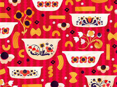 Vintage Kitchen Bolt Fabric – Coordinate folk food illustration illustration makeartthatsells pasta pattern pyrex surface design vintage