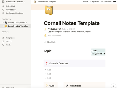 Cornell Notes Notion Template from Productive Fish