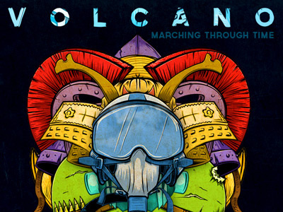 Volcano - Marching Through Time Album Cover album cover cd art colorful helmets illustration rainbow war