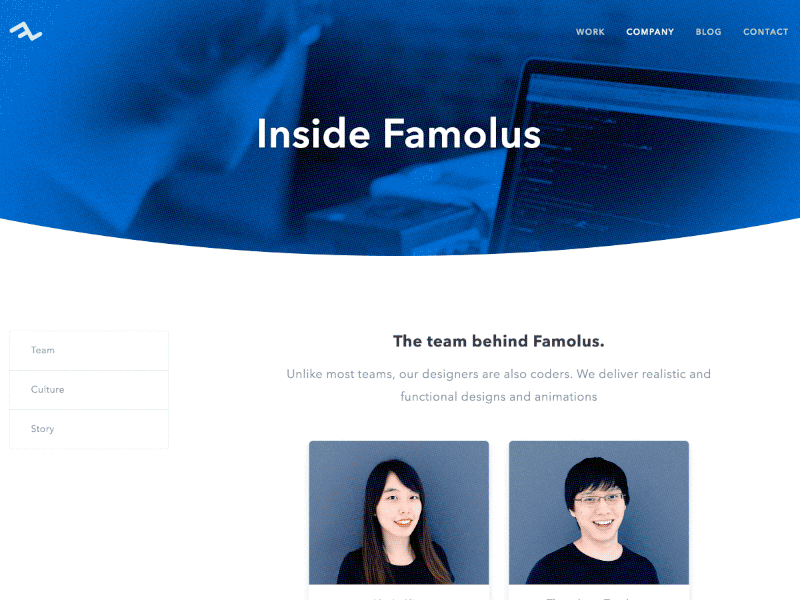 Famolus About Page about page agency angular 2 angularjs animation famolus programming responsive ui web design web development website