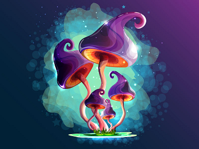 Magic mushrooms in a fabulous night fog and bright fireflies. character fireflies fog illustration magic mushrooms night vector