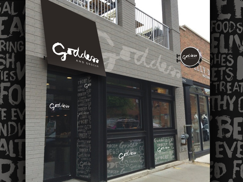 Goddess Grocer Facade storefront facade awning vinyl blade sign hand drawn typography