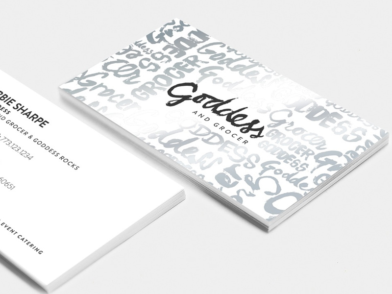 Goddess and Grocer Business Cards business cards foil black and white hand type