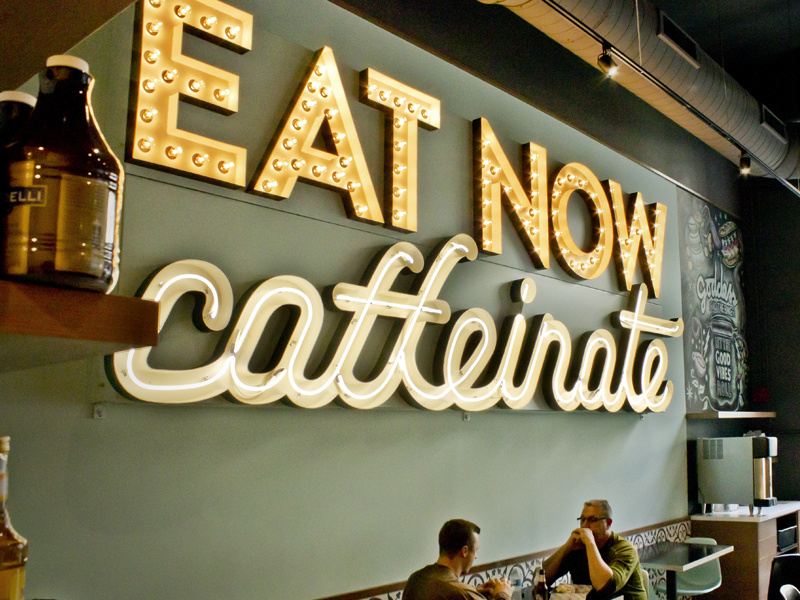 Goddess and the Baker: Eat Now Caffeinate Neon wall cafe coffee lightbulb script signage sign retro neon