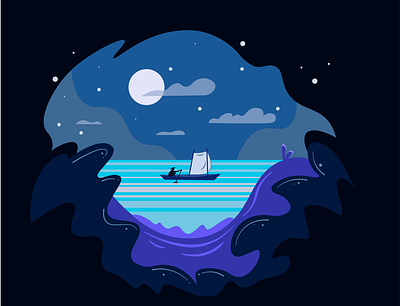 Boat at night. Magic lake blue boat dark dark night grass landscape magic night moon night sailor water waves