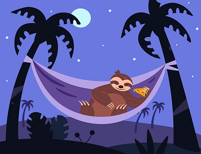 Sloth, eating pizza, by Diana Fandul animal cute funny hammock illustration night palm pizza sloth sloth illustration tropics vector