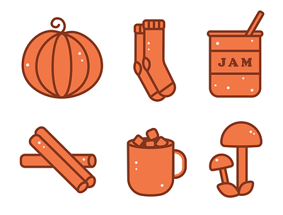 Autumn fall icons by Diana Fandul autumn cinnamon cofee cozy fall icons illustration jam jar marshmallow mushroom orange pumpkin vector website icons