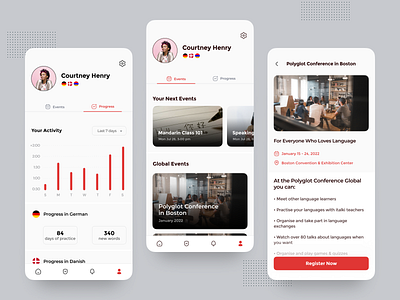 Language Learning App android app application chart course design education english ios language learning lesson mobile online polyglot red trend trendy ui ux