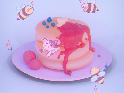 Cat & Pancakes 3d 3d art 3d artist 3d illustration 3dillustraton art b3d blender blender3d blender3dart blendercycles cycles render