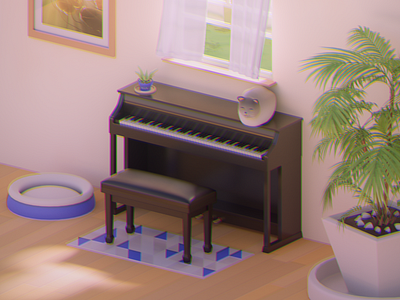 Peaceful Piano 3d art 3d artist 3dartist 3dmodel 3dmodelling b3d blender blender3d blendercycles cat environment npr peace plant render soft art stylized wind