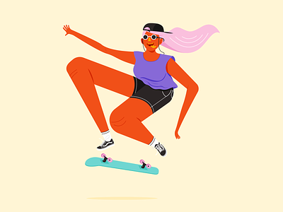 skater girl cap character colours design freelance graphic illustration kickflip legs orange simple skate skateboard skateboarder skater sunglasses ui vans vector woman