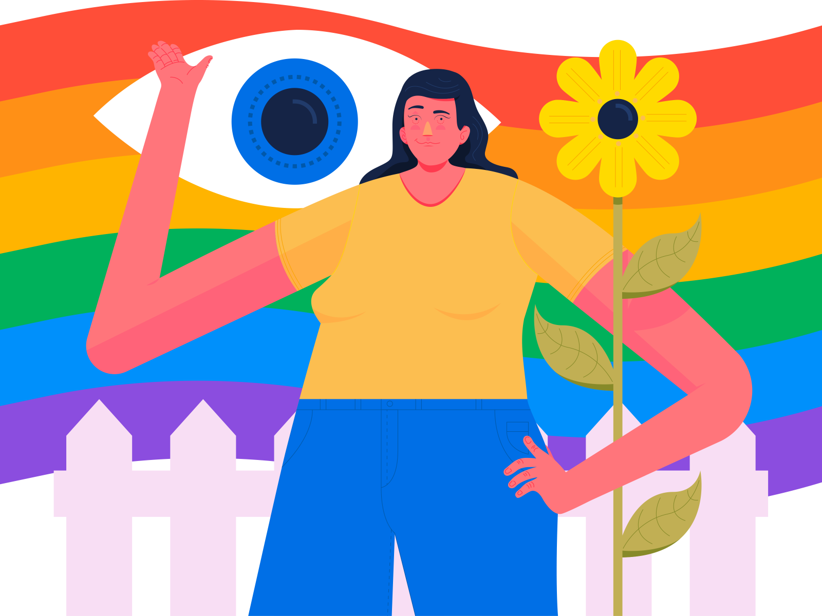 pride beyond the fence character design colours design eye fence flag flower gay gay pride graphics illustration lgbt pride rainbow vector