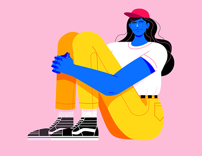 sad girl blue cap colours design freelance girl graphic illustration leg legs pink sad simple skater vans vector yellow