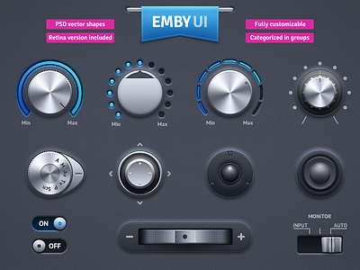 EMBY UI audio controls gamepad gui icojam knobs player sliders switches ui vector