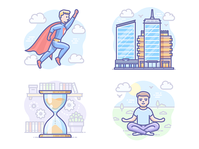 Latest Scenarium icons city hero hourglass icojam icons illustration meditation scenarium superhero vector