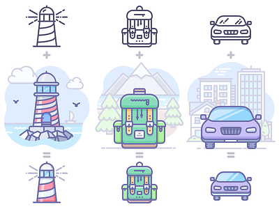 Unigrid + Scenarium = Unigrid Phantom icons backpack car icojam icons illustration lighthouse phantom scenarium unigrid vector