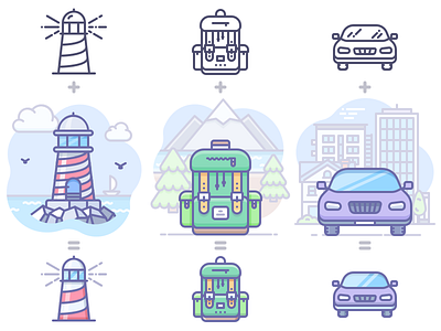 Unigrid + Scenarium = Unigrid Phantom icons backpack car icojam icons illustration lighthouse phantom scenarium unigrid vector