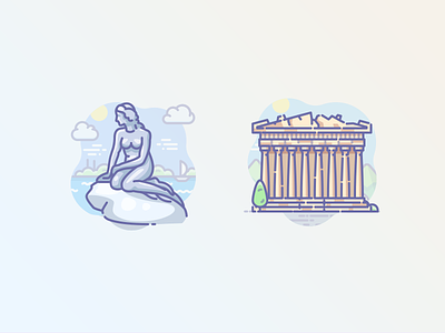 Mermaid in Denmark and Acropolis in Athens acropolis ancient ancient greece athens copenhagen denmark icojam icons little mermaid scenarium temple