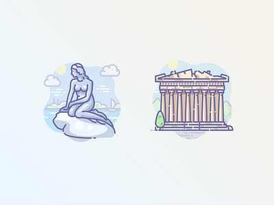 Mermaid in Denmark and Acropolis in Athens acropolis ancient ancient greece athens copenhagen denmark icojam icons little mermaid scenarium temple