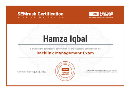 Certificate backlink management exam branding design off page seo onpage seo semrush seo web