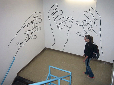Stairwell tape murals freehand hands mural tape