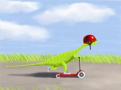 Little dinosaur rides a scooter