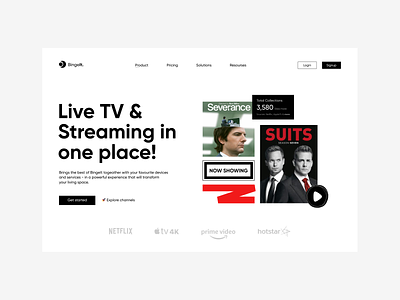 BingeIt. black and white design live tv minimal morden netflix redesign simple streaming ui uiux ux webpage website