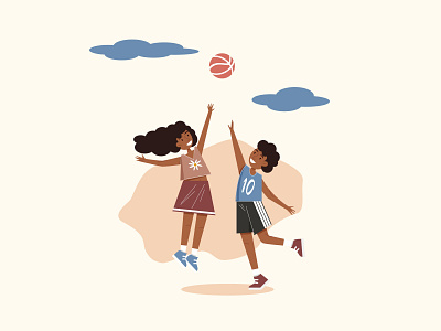 African childrens playing ball activities african american ball basketball basketball player black people blck children boy illustration childrens illustration clouds diversity flat illustration girl character girl illustration happy children jumping pink color smiling face tolerance vector illustration