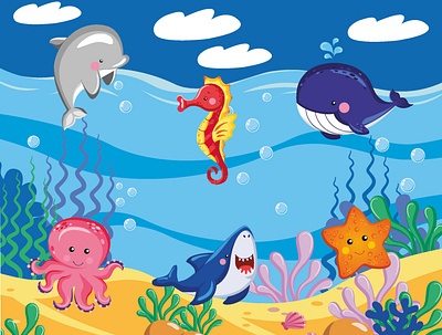 Sea animals adobe illustrator animals art artist bright children illustration cute dolphin drawing graphic design illustration illustrator octopus sea seahorse shark starfish vector vector illustration whale