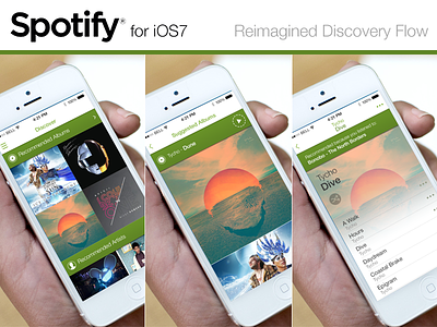 Spotify iOS7 - Re-imagined Discovery Flow @2x app audio discovery flat green ios ios7 music redesign spotify vector white