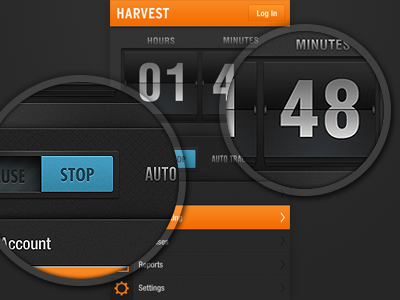 Harvest android black clock dark flip grey handset interface iphone orange time tracking ui ux vector