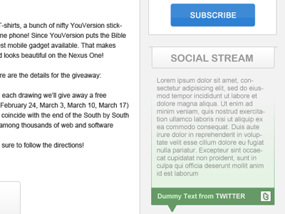 Youversion Blog blog blue comment green grey interface pastel social stream subscribe text twitter ui ux white