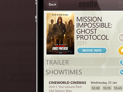 Apollo - iOS app film ios iphone ipod location movie showtime stitch stitching texture ticket trailer