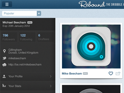 Rebound Left Panel app blue design dribbble grey ipad location love profile shots stats texture twitter ui
