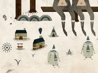 Music In The Forest 2 feet fire houses illustration legs mushrooms plants skulls smoke swing tent trees well wigwam