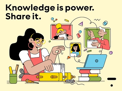 The Thinkific “Knowledge is power. Share it.” challenge book book binding character characterperez cloud based colorful creative design illustration knowledge laptop learning man online power share it thinkific thinking woman