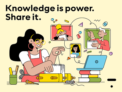 The Thinkific “Knowledge is power. Share it.” challenge book book binding character characterperez cloud based colorful creative design illustration knowledge laptop learning man online power share it thinkific thinking woman