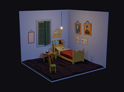 Vincent Van Gogh's Bedroom - Night - Low Poly 3D Illustration 3d 3d art 3d artist 3d illustration 3d illustrations 3d modeling art artist blender blender3d blender3dart design illustration illustrations illustrator low poly lowpoly lowpolyart model modeling