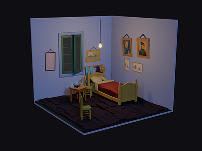 Vincent Van Gogh's Bedroom - Night - Low Poly 3D Illustration