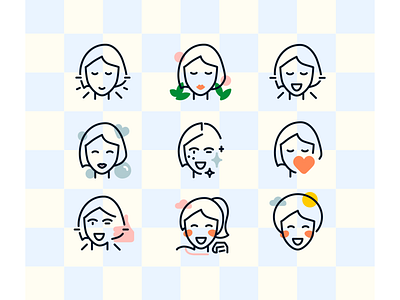 happy faces icons branding cosmetics design face care graphic design icon illustration lady mindset pictogram self care skin care sports vector wellbeing women