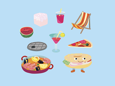 random stickers bagel chill chilling cocktail food graphic design icon illustration paella pizza playa sticker summer vacation vector