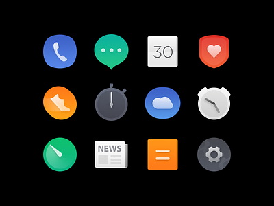 app icons design for a smart watch os alarm app icon icons message phone sport stopwatch timer ui watch weather