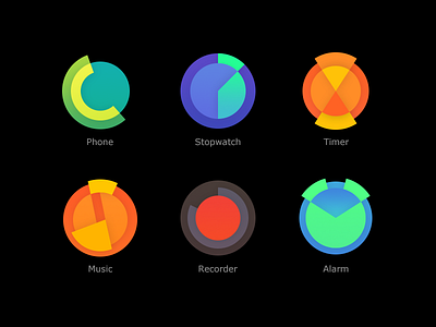 app icons concept for a smart watch os alarm app icon music phone recorder stopwatch theme time timer ui