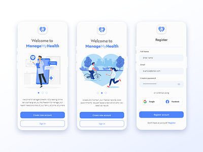 ManageMyHealth 👨🏼‍⚕️ - Mobile App Concept, Onboarding Screens app blue design doctor health management prescription ui