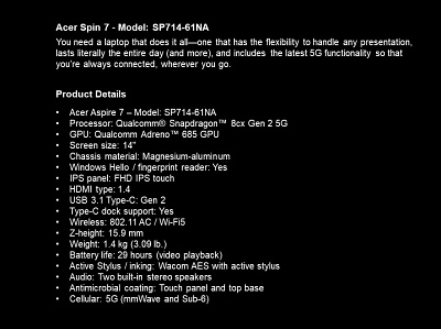 Acer Spin 7 Model SP714 61NA