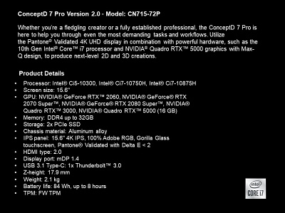 ConceptD 7 Pro Version 2 0 Model CN715 72P