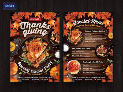 Thanksgiving Dinner Flyer + Menu Template autumn flyer flyer flyer template food flyer food menu november photoshop poster poster template restaurant flyer thanksgiving thanksgiving day