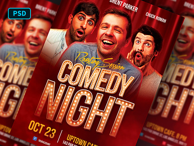 Comedy Flyer Template Roasting Night 3d text 3d text effect comedian comedy club creative market flyer template humor instagram template light bulbs photoshop template poster template stand up comedy