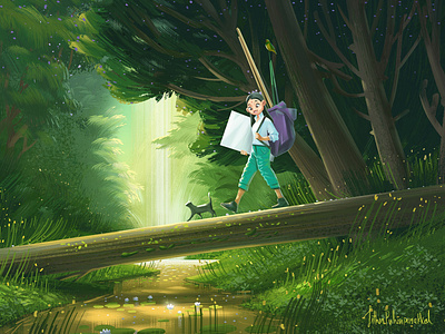 Illustrations 5 behance forest girl graphicdesign green house illustration waterfall