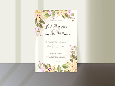 Elegant wedding invitation with floral bouquet and leaf